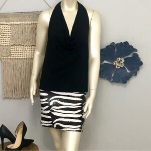 bebe Black and White Zebra Print Midi Dress Deep V Plunge S #113
